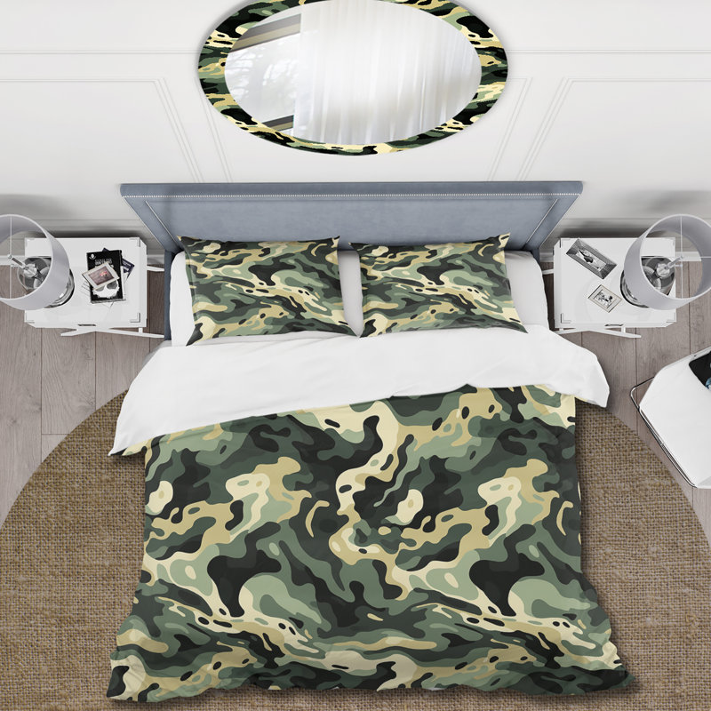 Literie vert et noir camouflage chic I, Housse de couette pour grand lit et 2 taies décor