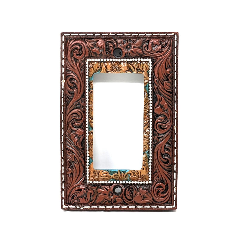 Resin Western Single Rocker Switch Cover Tooled Leather Design