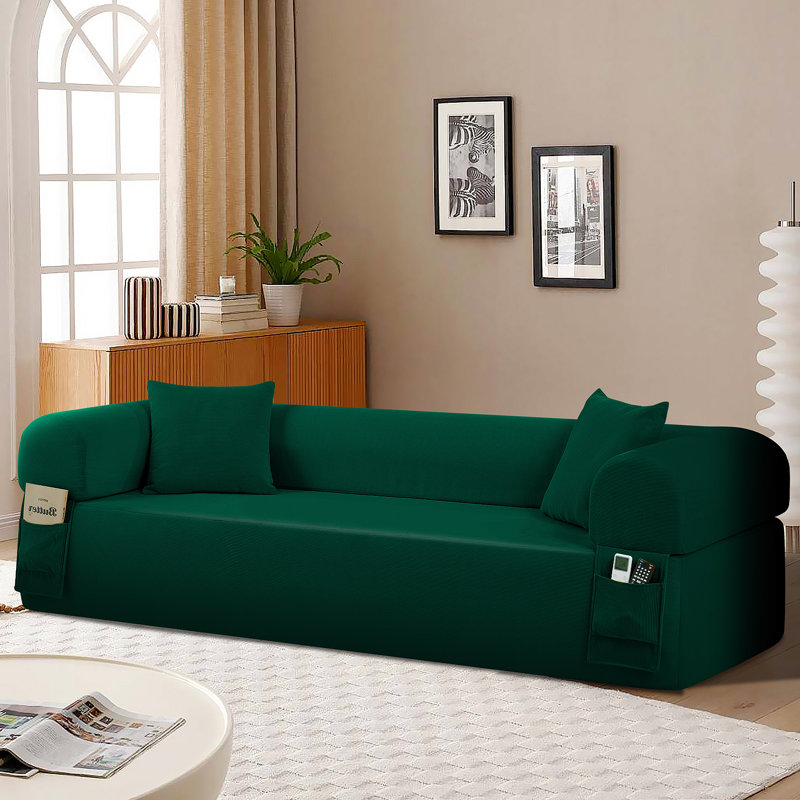 Canapé à ressorts avec tissu de haute qualité, coussins et rangement - ressorts ensachés, mousse haute densité, pour le salon, un appartement ou des appartements, vert.