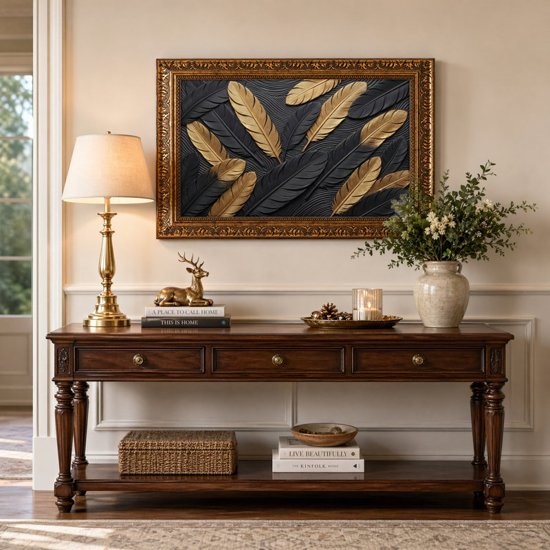 Art mural en toile noyer doré encadré pour le salon, la chambre à coucher, le bureau ou le vestibule - décoration murale décorative avec motif de plumes