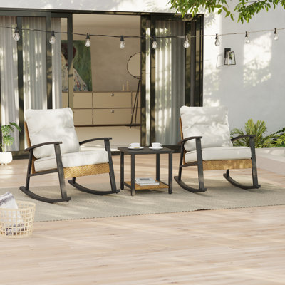 3 Piece Patio Rocking Chair Set with Side Table and Cushions