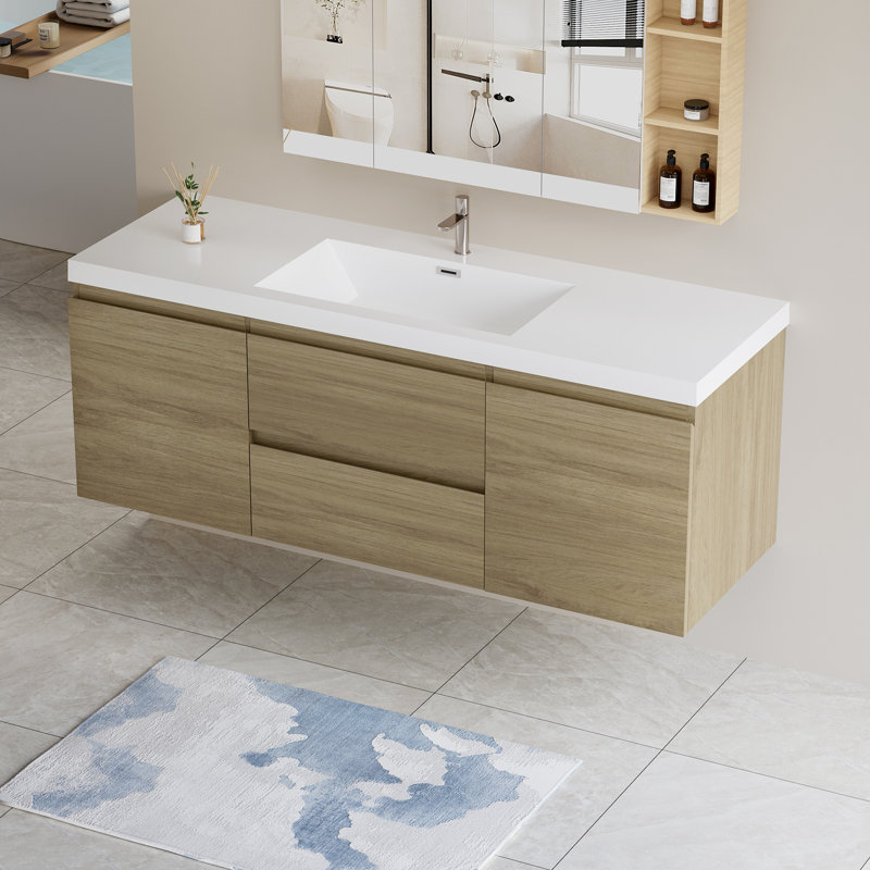 Meuble-lavabo mural moderne pour salle de bain, Chêne