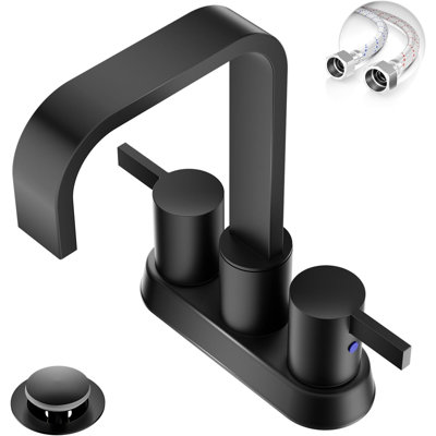 Matte Black 4 Inch 2 Handles Centerset Bathroom Sink Faucet,2 or 3 Holes Waterfall Bathroom Faucet with 360 Swivel Spout,Metal Pop-Up Drain and Water Supply Lines