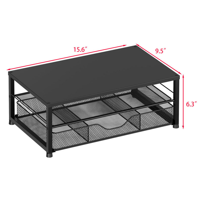 2-Tier Computer Monitor Stand with Drawer and 2 Pen Holders, Black