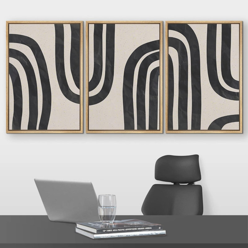 Motif géométrique en forme de ligne géométrique en spirale noire et brun clair à motif abstrait Mid-Century moderne 3 pièces
