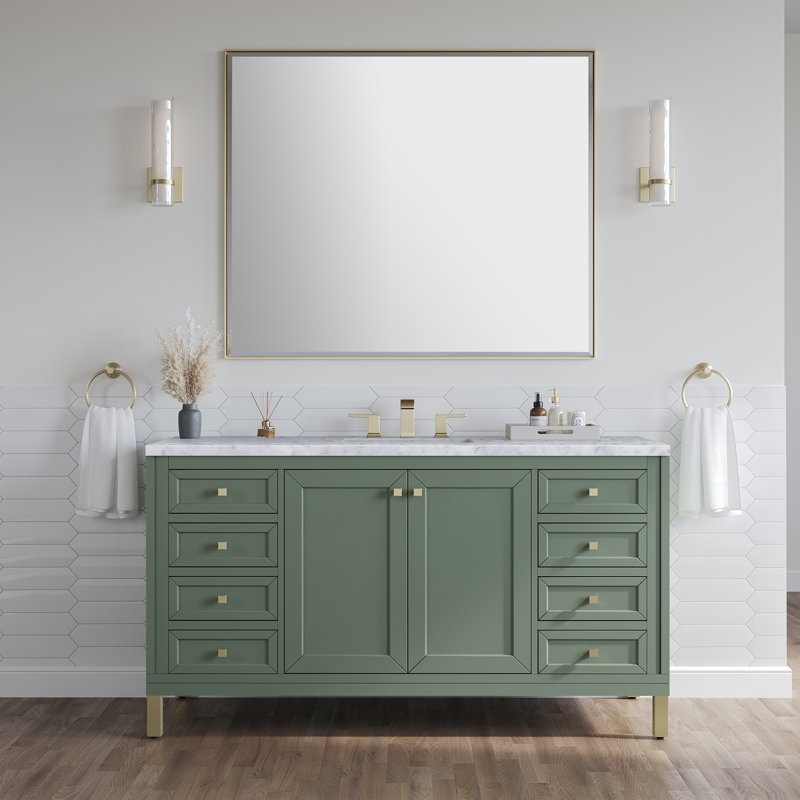 Chicago 60'' W Double Vanity, Smokey Celadon, Carrara White, 8" Widespread