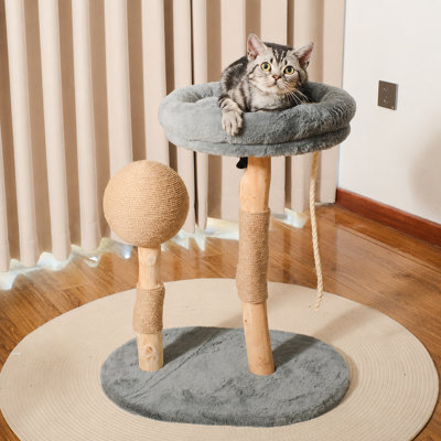 Natural Wood Cat Tree with Ball & Mushroom Scratcher – 25.2" Mini Cat Tower with Cozy Plush Bed, Hemp Rope Post & Hanging Toy, Compact Space-Saving for Indoor Cats (Grey)
