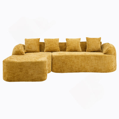 Yellow Chenille L-Shaped Compressed Sofa That Goes Well With Any Living Room. It Features High-Elastic Sponge For A Comfortable Sitting Feel,  Curved Armrests And Four Throw Pillows.