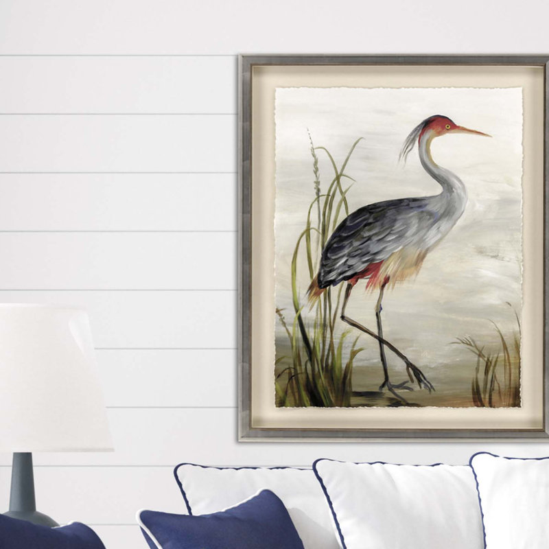 Gray Heron Framed Wall Art with Silver Leaf Finish