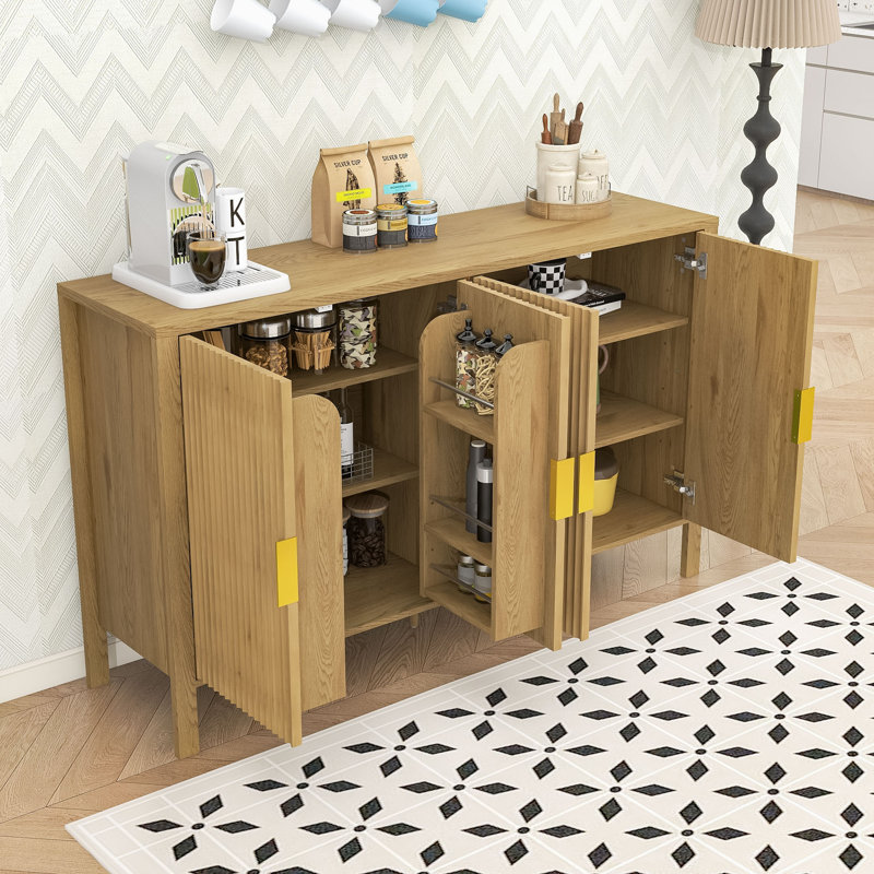 Modern Stripe Door Sideboard with Side Hooks, Adjustable Shelves and Hidden Back-of-Door Racks, Natural