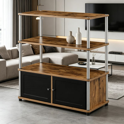 Meuble télé Highboy avec armoires de rangement et tablettes pour téléviseur de 40 po ou moins, structure en acier inoxydable résistant à la rouille, finition bois de grange
