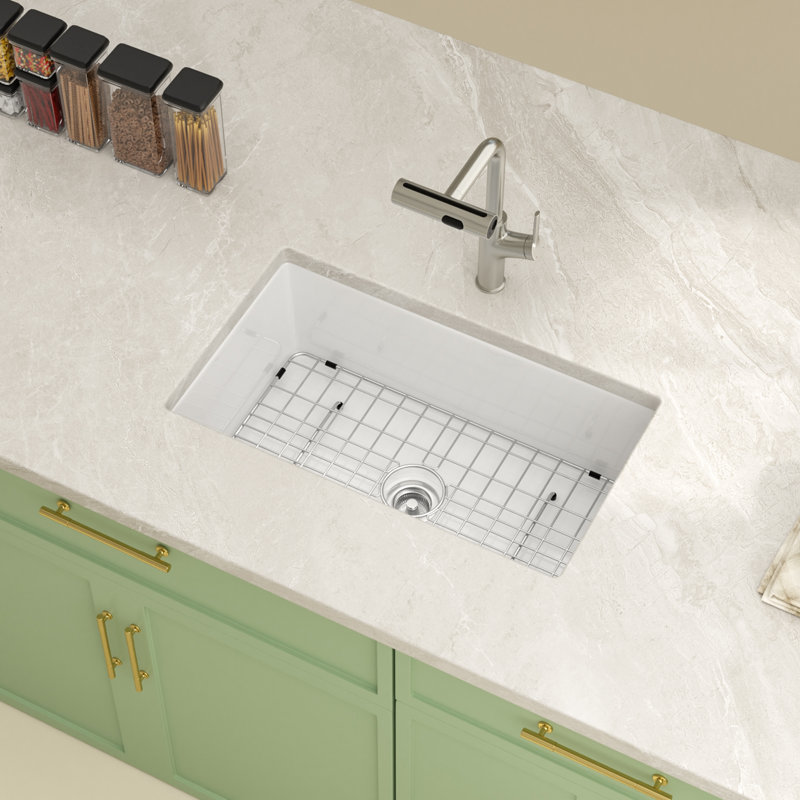 30'' L x 18'' W Ceramic Undermount/Drop-in Kitchen Sink, Single Bowl Kitchen Sink with Strainer and Sink Grid