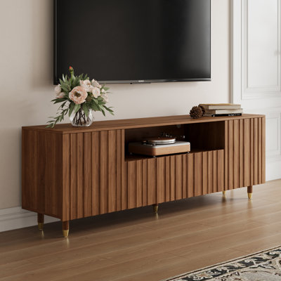 71" Mid-Century Modern TV Stand, Rectangular Slatted Wood Media Console with Open Storage