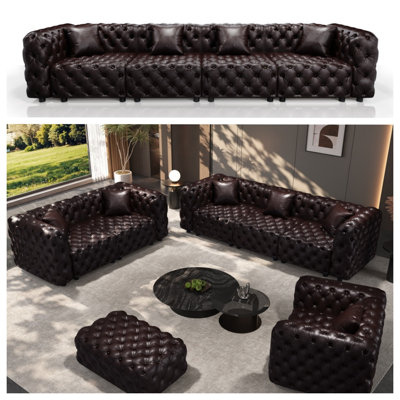 Modern Faux Leather Modular 6-Seater Sectional Sofa Set, Hand Button Tufted Living Room Couch with Ottoman and 6 Pillows, Multi Combination Freely Assembled Sofa Furniture, Dark Brown