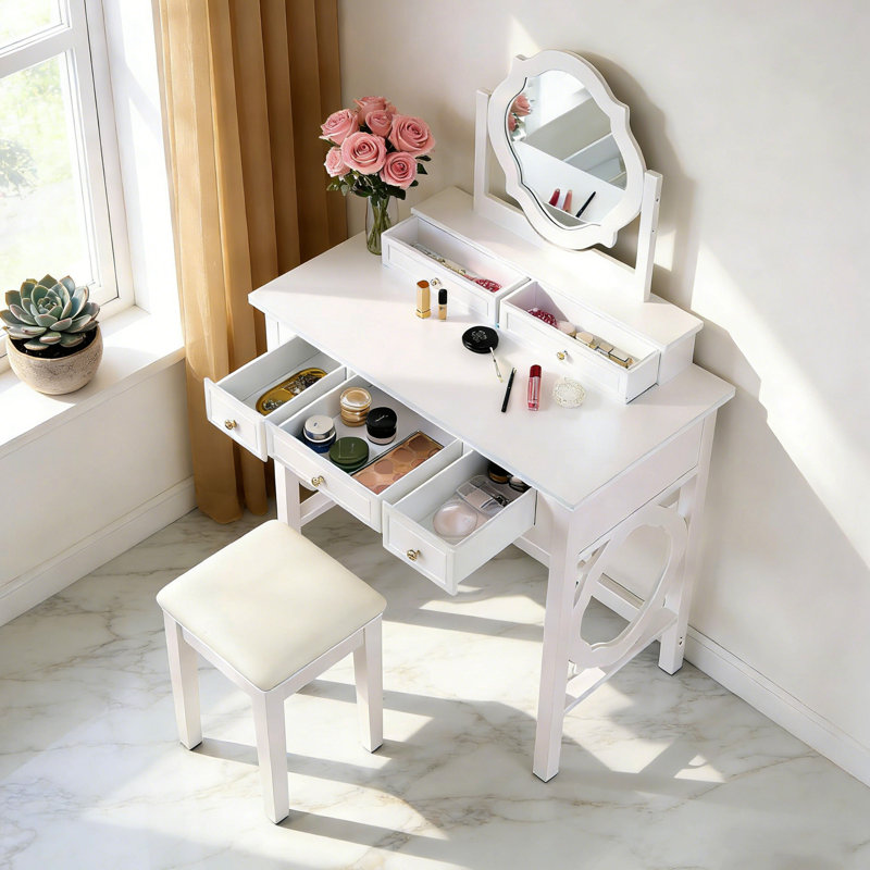 Coiffeuse avec miroir et tabouret réversible peu encombrant - coiffeuse pour petits espaces
