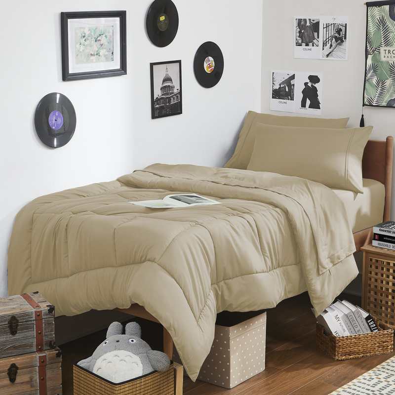 7PC Campus Ready Dorm Twin XL Bedding Bundle, Solid Comforter, Pillows And Sheet Set, Taupe