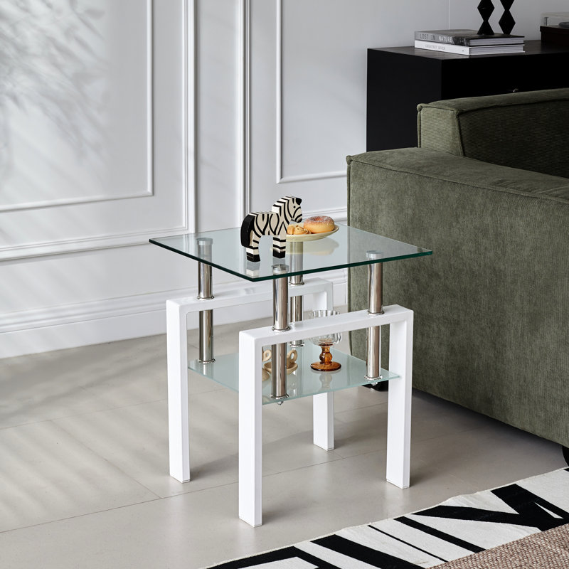 Table d'appoint en verre trempé transparent avec rangement, design carré, facile à nettoyer, pour la maison et le bureau