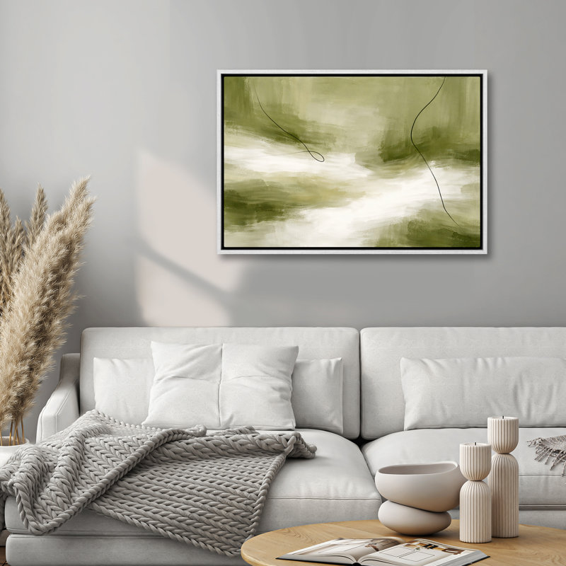 «Modern Modern Green Landscape with Flowing Line Accents», art mural encadré, H 16 po x l 24 po, Blanc