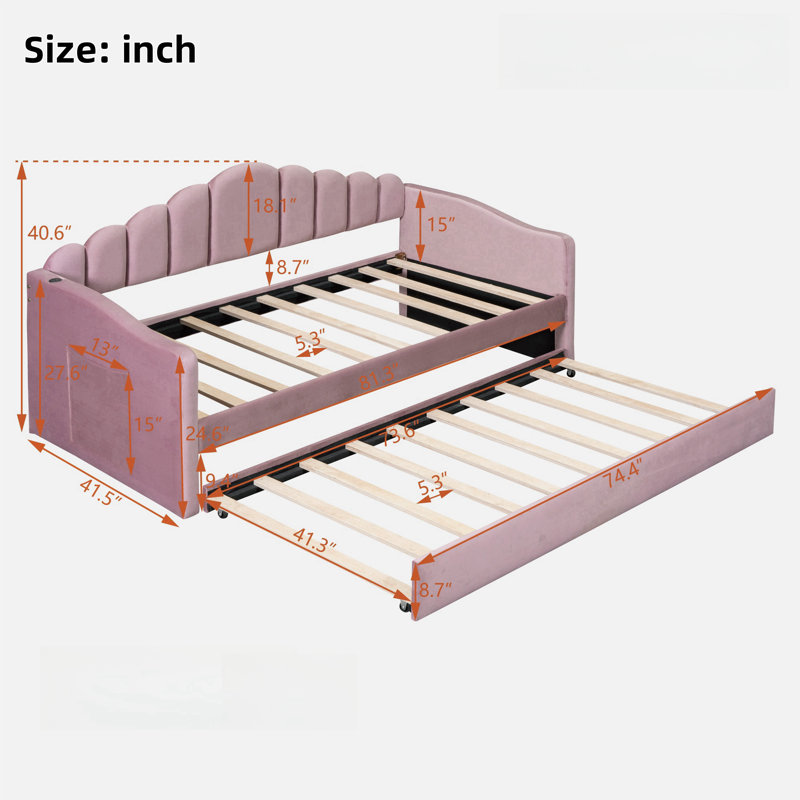Upholstered Daybed With Trundle And Usb Charging Ports, Pink