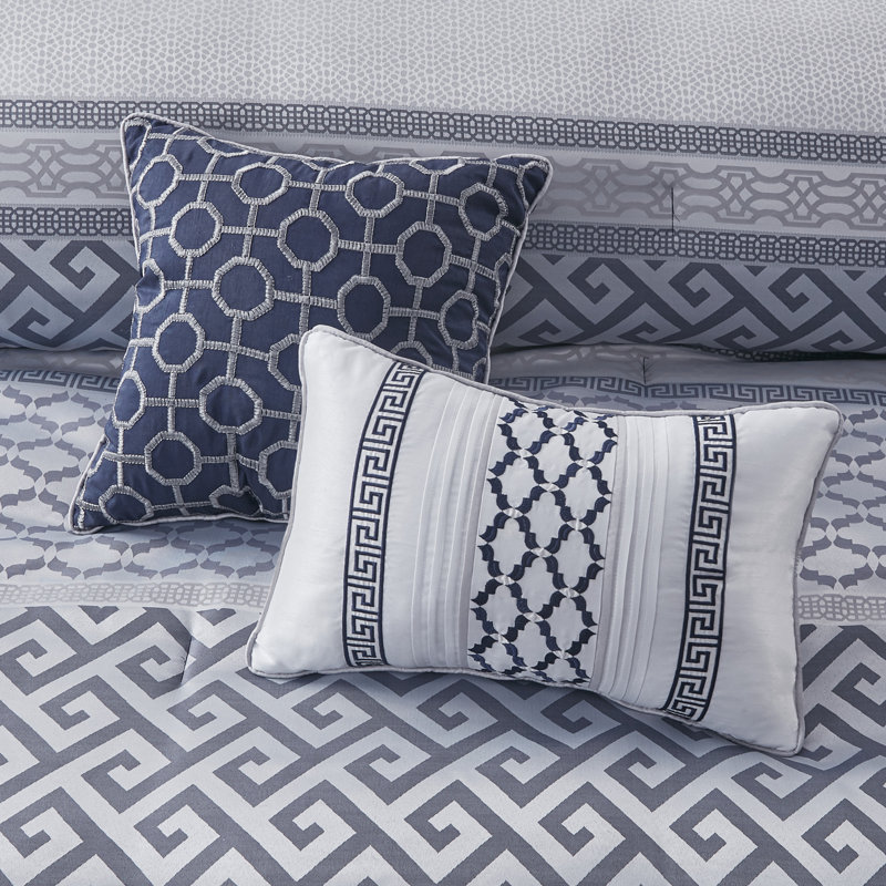 Bennett 7 Piece Jacquard Comforter Set, Queen Comforter + 1 Bed Skirt + 2 Shams + 3 Decora, Navy