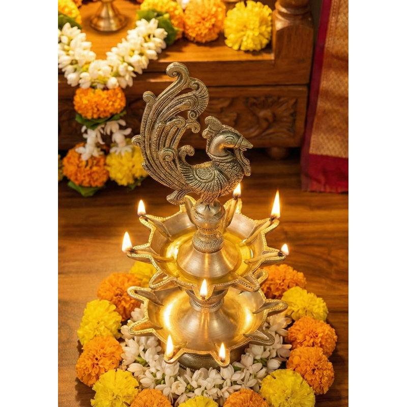 14" Brass Peacock Oil Lamp with Double-Layer Wicks | Handmade South Indian Annam Vilakku for Puja Room, Temple & Meditation Decor