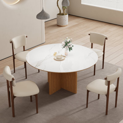 Modern Dining Table And 4 Chair Set, Round White Marble Dining Table Set With 4 Upholstered Chairs, Contemporary Kitchen & Dining Room Furniture Set