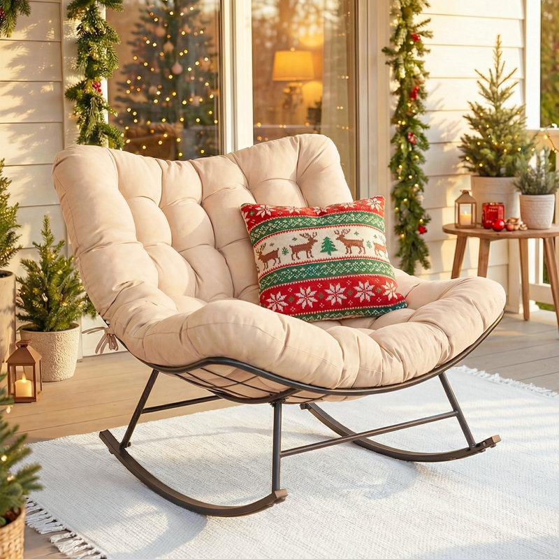 Chaise berçante extérieure surdimensionnée en forme d'œuf, chaise berçante de 39 po de largeur avec coussin épais de 6,8 po, structure en acier robuste pour balcon de véranda