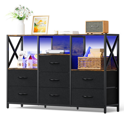 Commode à 7 tiroirs Owendale, meuble télé à DEL pour téléviseur de 65 po ou moins avec prises de courant et dispositif anti-basculement, rangement en tissu, commode