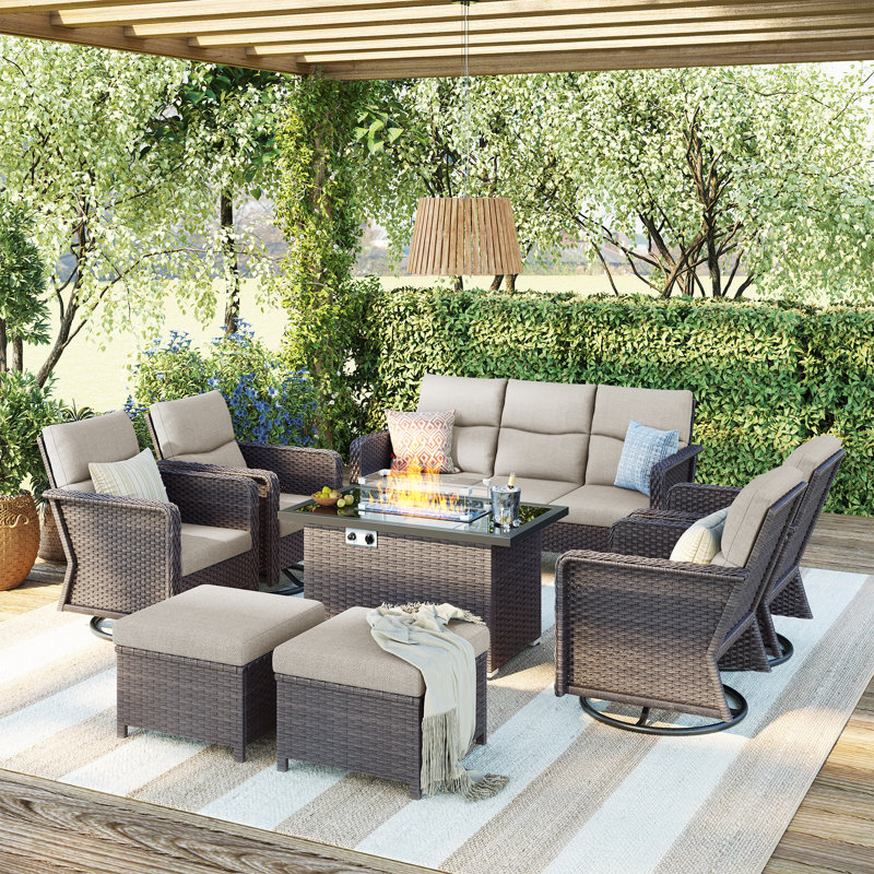 9 - Person Outdoor Swivel Rocking Chair Conversation Set With Fire Pit Table And Cushions, Beige