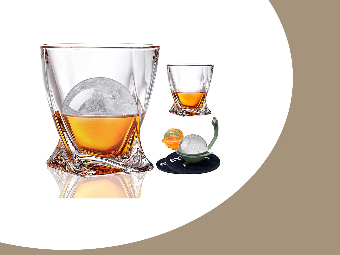 Whiskey Glasses Set of 2 with Matching Ice Ball Molds, Bourbon Glass