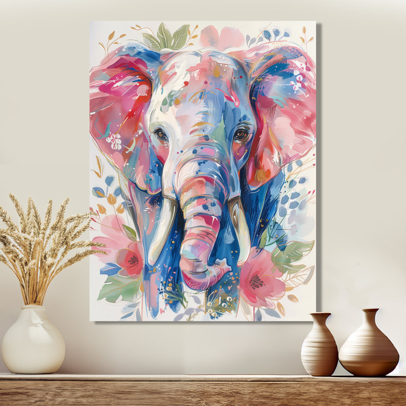 Pépinière, gris, rose, magnifique éléphant II - éléphant, art mural animal, Toile tendue, H 16 po x l 32 po