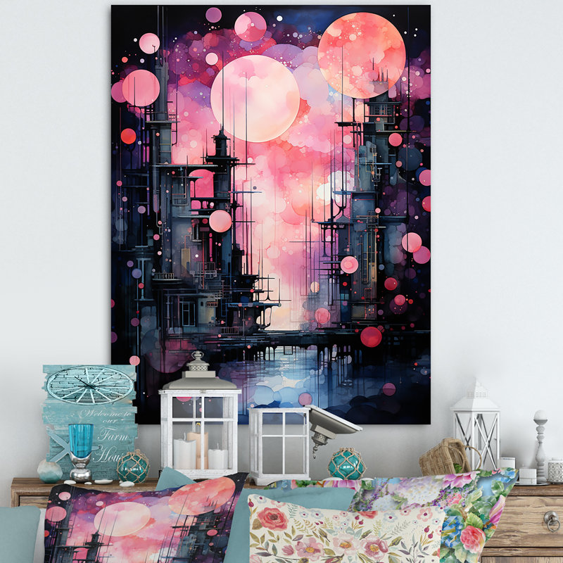 Abstract Northern Pink Luminous Night 3 - Northern Lights Wall Art, Wrapped Canvas, 32" H x 16" W x 1" D