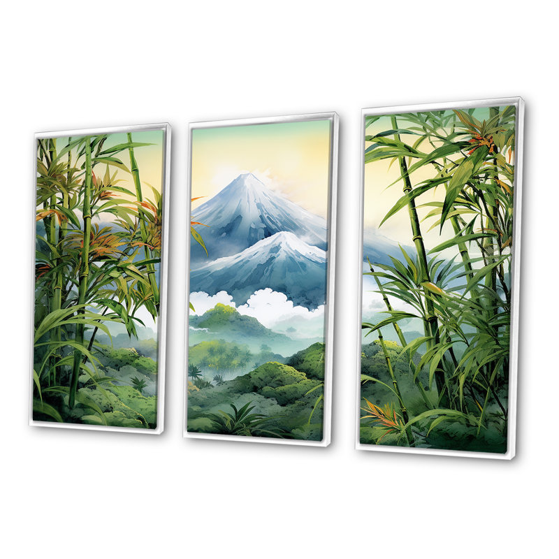 Bambou, charme sur un volcan japonais - ensemble d'art mural en bambou, Cadre flottant blanc, H 40 po x l 60 po x P 1 po
