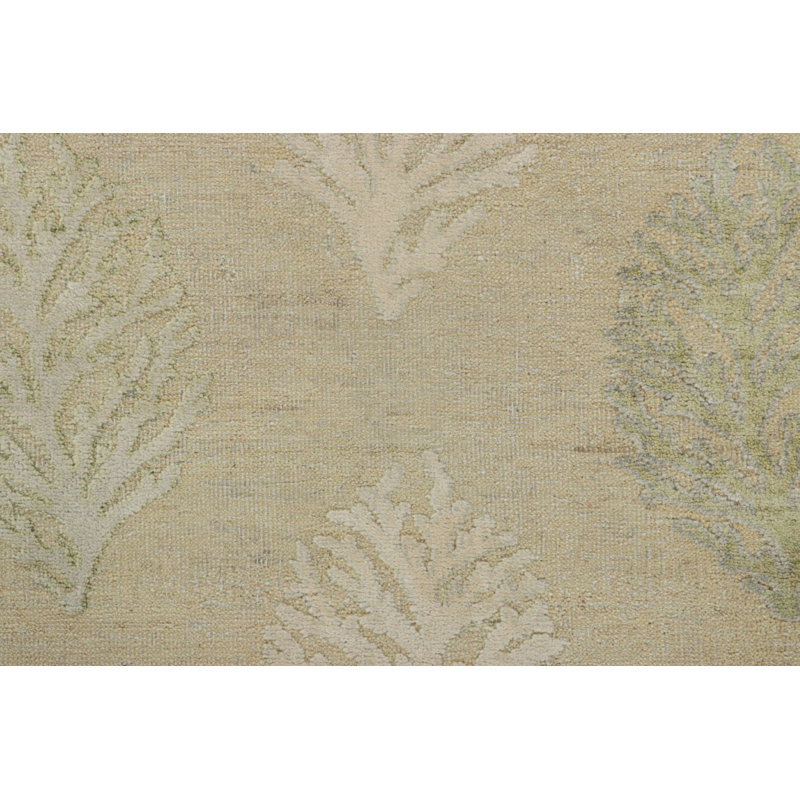 Rug & Kilim’S Block Print Square Rug With Beige And Green Floral Patterns, Rectangle 10' x 14'