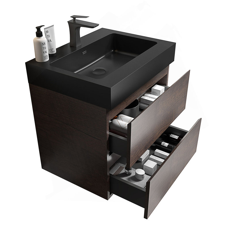 Meuble-lavabo mural 24 po avec lavabo, rangement spacieux et conception écologique pour salle de bain moderne, Noyer, Noir