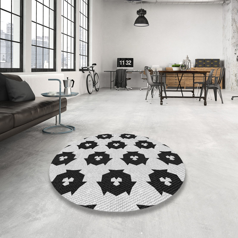 Tapis noir/beige à motifs, Rond 5 pi