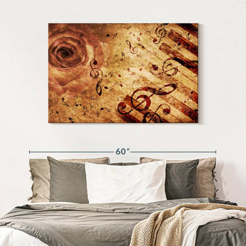 Abarca rose grunge et notes de musique, H 32 po x l 48 po