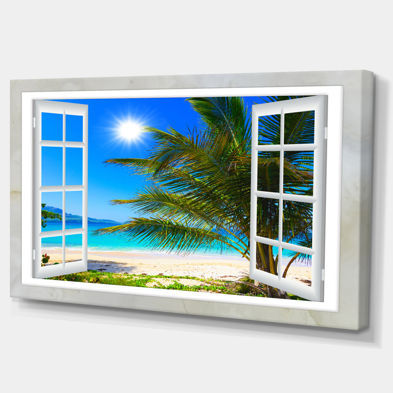 « Window Open to Beach with Palm » - impression d'art mural avec plage, impression sur toile avec plage et palmier