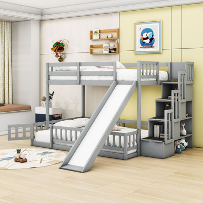 Twin Over Full Wooden Bunk Bed With Slide And Staircase