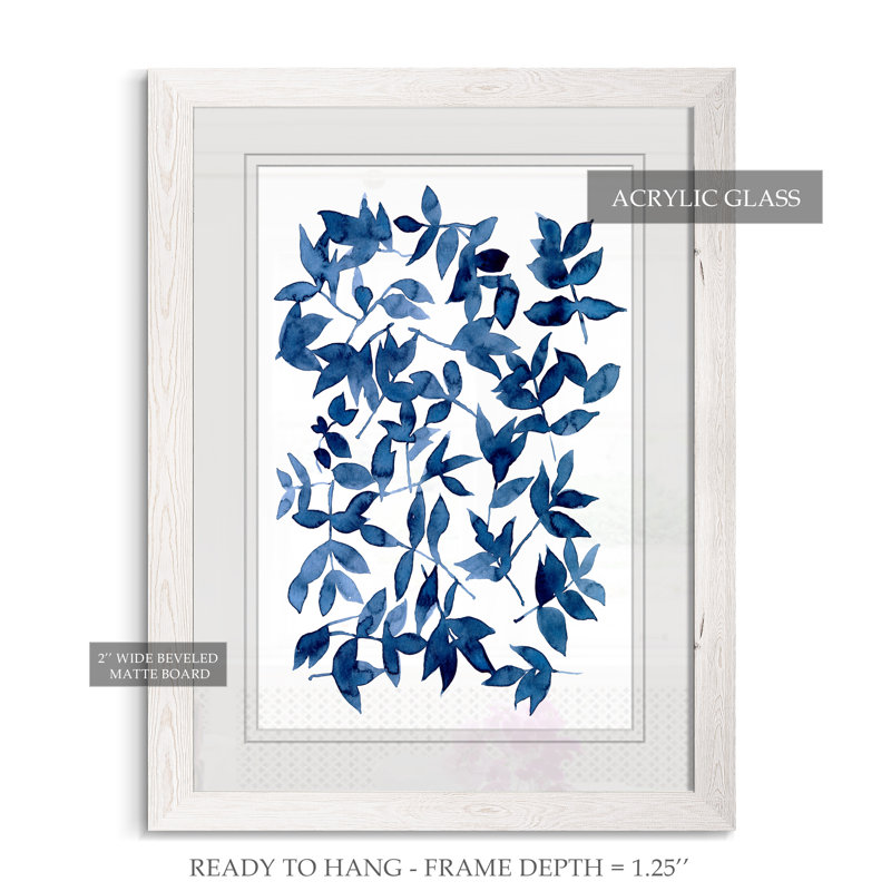 « indigo fallen leaves ii »-peinture sur papier encadrée, H 44 po x l 32 po x P 1,25 po, Cadre blanc