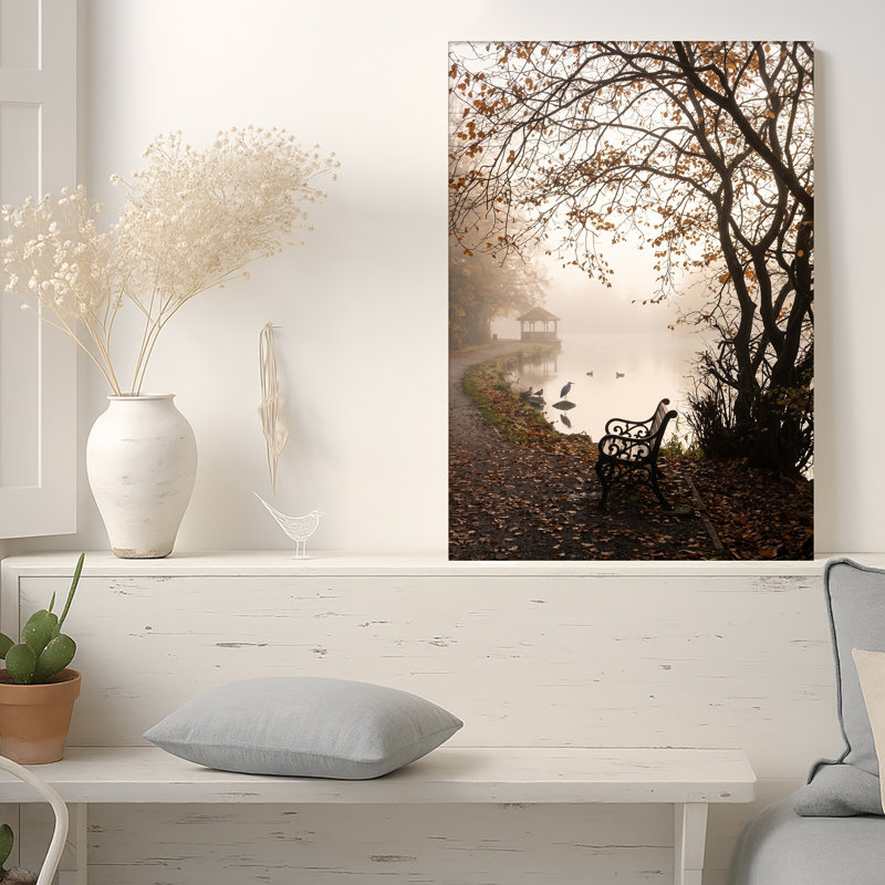 Art mural sur toile "Black Park Bench" par Misty Lake avec Autumn Trees and Gazebo, 18"H x 12"W