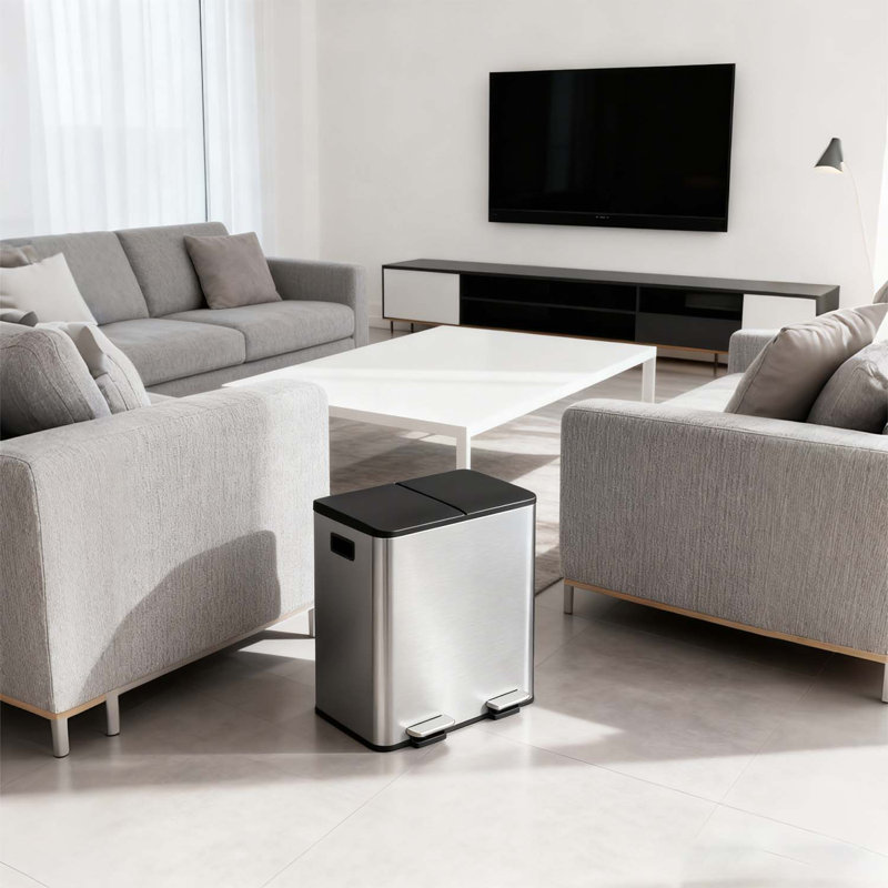 Grande poubelle double en acier inoxydable avec couvercle pour la cuisine, 21.2, Gris