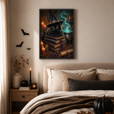 Black Cat in Witch Hat on Books with Glowing Halloween Canvas Wall Art