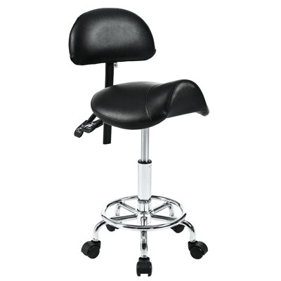 Adjustable Rolling Saddle Stool With And 5 - Wheel Design, Ergonomic For Posture Support, Hair Salons Vanity Spaces Black, High Density Sponge Cushion, 350 Lbs Capacity Back Support Pronged Base,