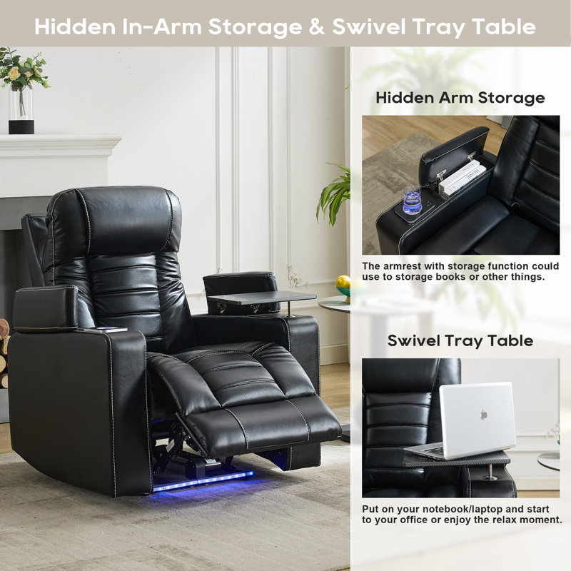 39'' Wide Power Recliner With Smart Cup Holder Power Headrest And Wireless Charger, Black