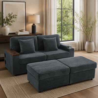 Double chaise longue avec deux repose-pieds avec rangement, canapé en velours côtelé avec porte-gobelets, port USB, espace de rangement et haut-parleur Bluetooth pour le salon et la chambre à coucher