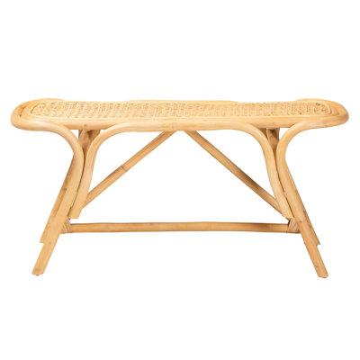Banc naturel moderne de style bohémien avec siège ovale, embellissement tissé, tiges de support triangulaires et pieds en angle, teinte brune, 15,23 po de profondeur, 39,19 de largeur, 17,83 de hauteur, 9,67 livres