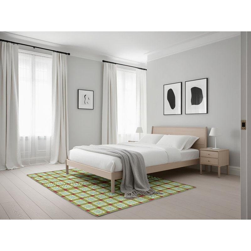 Tapis décoratif vert à carreaux Kistner, Rectangle 5 pi x 7 pi