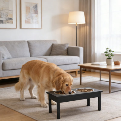 Meuble de rangement pour mangeoire pour animaux, en acier inoxydable, acier et bois, 1 ensemble noir, rangement intégré, étanche et antidérapant