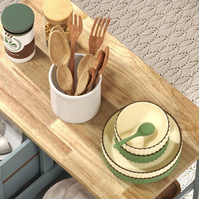 Chariot roulant pour îlot de cuisine, chariot de service de bar, chariot compact sur roulettes avec plateau en bois, tablettes et tiroirs